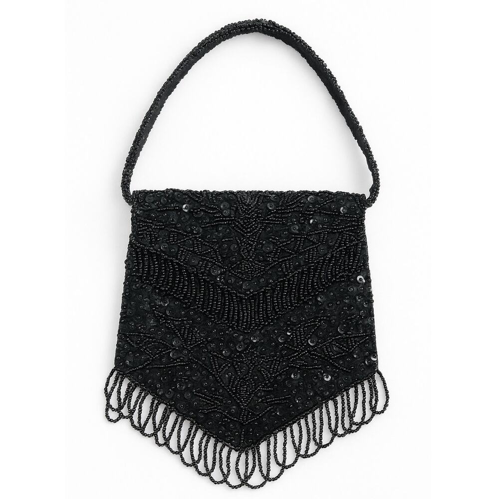 Vintage Mademoiselle Handmade Beaded Black Evening Bag Hong Kong Purse